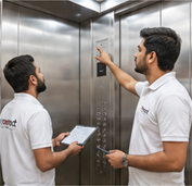 Net Connect engineers inspecting a lift cabin and controls
