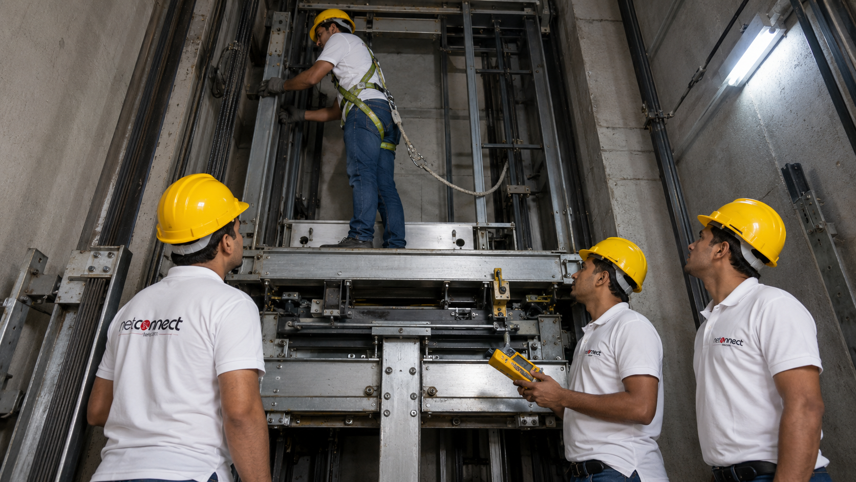 Net Connect engineers installing and testing a lift system